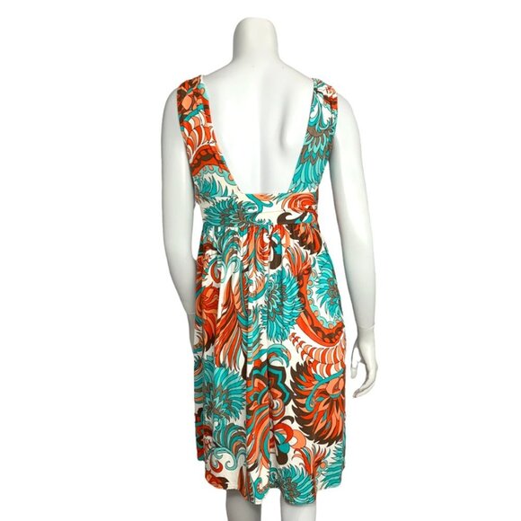 MILLY Multi Color Deep V Stretch Knit Mini Sundress with Wood Ring Detail - Picture 4 of 6